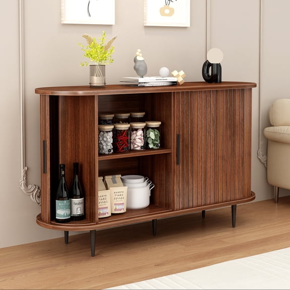 47W x 29H Buffet Sideboard with Storage, Fluted Accent Cabinet with Sliding Door, Credenza Console Table for Living Room, Dining Room, Kitchen, Hallway, Walnut MDF