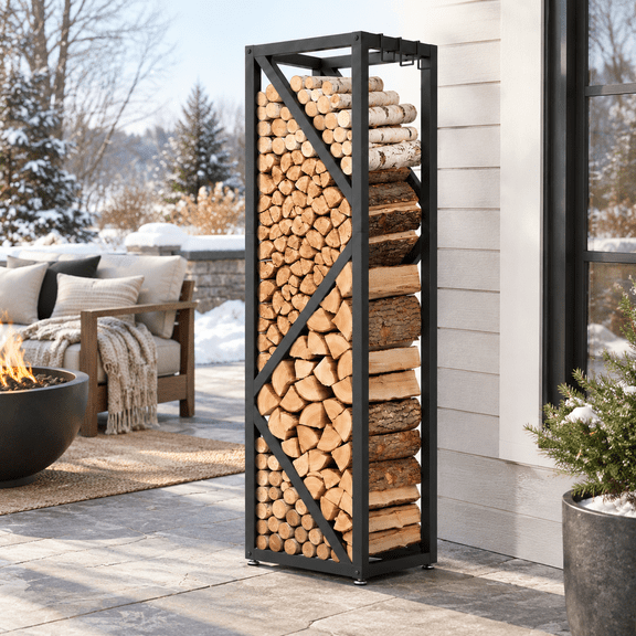 47in Firewood Rack Indoor Outdoor With Hooks - Heavy Duty Fireplace Log Holder 4 Tiers Metal Fire Wood Storracks & Enclosed Frame