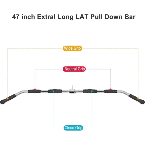 47in LAT Pulldown Bar Attachment with Heavy Duty Solid Curl Bar, Full Rotation and Rubber Handle Strength Workout for Gym Home Pulley System Cable Attachments