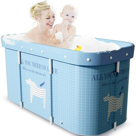 47in Large Foldable Bath Tub, Adult Kid Portable Bathtub Freestanding Soaking Tub, Thickened Insulation, Light Blue
