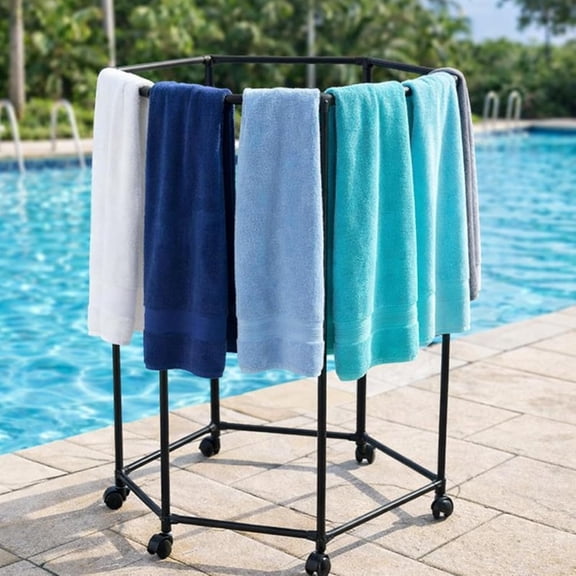 47in Tall Outdoor Pool Towel Rack with Wheels Hexagonal Free Standing Blanket Holder Towel Drying Rack Quilt Storage Blanket Holder for Pool Spa Hot Tub Bathroom Living Room
