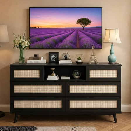 47inch 6-Drawers Rattan Wooden Dresser ,with Charging Station & LED Lights,Open Shelves,For Bedroom,Living Room,Hallway,Entryway