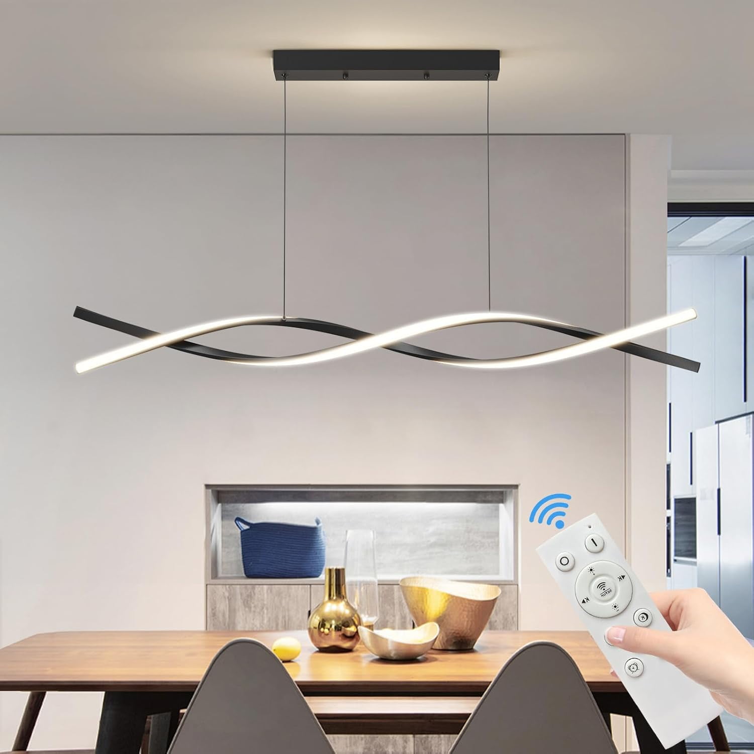 47inch Black Chandelier Modern Ceiling Wave Pendant Light Fixtures Hanging LED Color Temperature and Height Adjustable Chandeliers for Dining Room, Living Room, Bedroom, Kitchen, Island