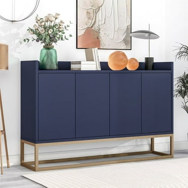 47inch Modern Buffet Cabinet with Storage, Wooden Accent Storage Cabinet with Adjustable Shelves and 4 Doors Golden Metal Legs Sideboard Cupboard for Living Room Kitchen Entryway, Navy