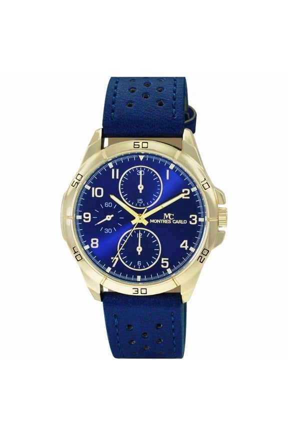 47mm Montres Carlo Men's Sports Vegan Leather Band Luxury Fashion Dress Watch (Gold/Blue)