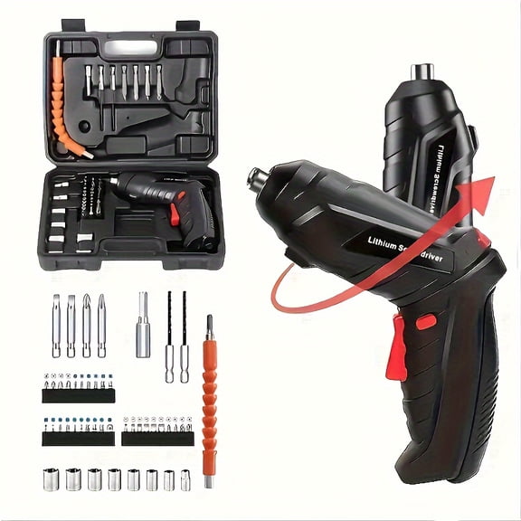 47pcs Cordless Electric Screwdriver Set USB Charging Rotatable with LED Light Electric Screwdriver Rotatable with LED Work Light Can Be Used for Household Equipment Repair