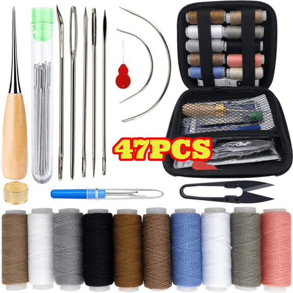 47pcs Heavy Duty Sewing Kit with Sewing Awl, Seam Ripper, Leather Hand Sewing/Stitching Needles, Sewing Thread for Car Sofa Backpack Shoe