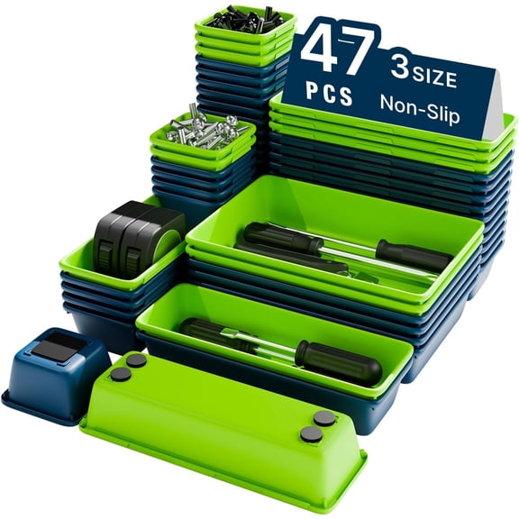 47pcs Tool Box Organizer, Tool Drawer Organizer Trays with Non-slip EVA Pads – Interlocking Divider Set, Fit Garage Storage Desk Drawers & Rooling Tool Cart (Blue & Green 47PCS)