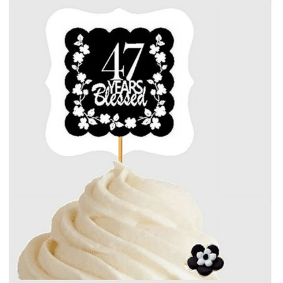 47th Birthday / Anniversary Blessed Cupcake Decoration Toppers Picks -12ct