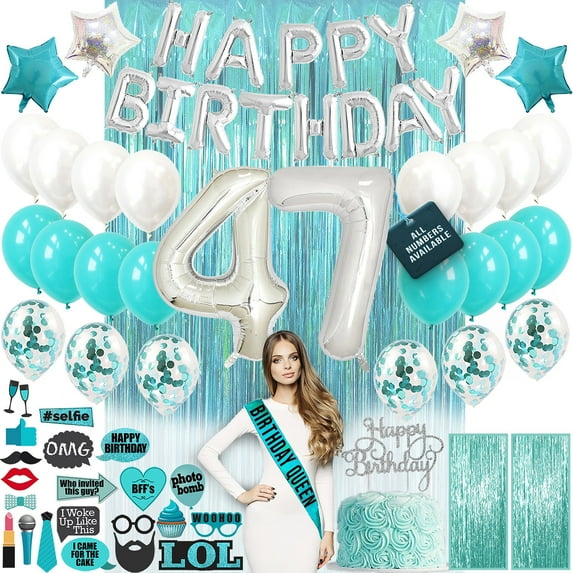 47th Birthday Party Decorations for Women Teal Green, 47 Cake Topper, 47th Party Supplies, 47 Photo Props, 47 Sash, Teal Green Foil Curtain