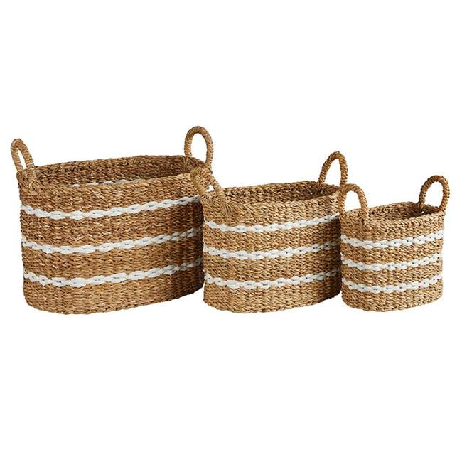 Natural Seagrass Oval Storage Baskets with White Stripes - Set of 3