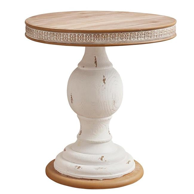 Rustic White and Natural Wood Round Pedestal End Table