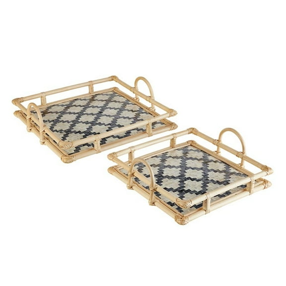 47th & Main Woven Rattan Capiz Shell Inlay Basket Tray Home Dcor for Table, Set of 2, Black/White