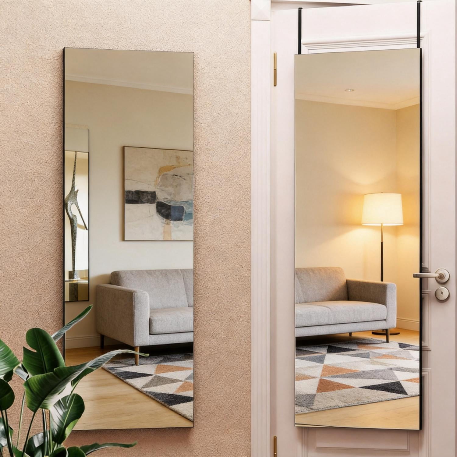 47x16-Inch Full Length Door Mirror with Aluminum Alloy Frame, Over The Door Hanging Wall Mounted Body Mirror and Dressing Mirror for Bedroom Living Room, Black