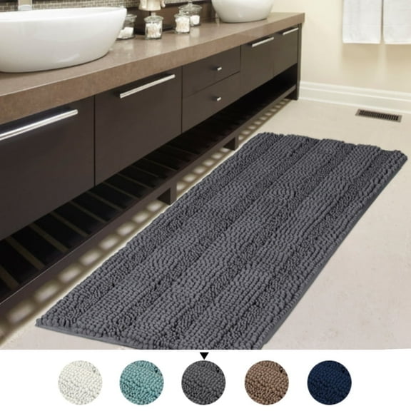 PrimeBeau Large Luxury Grey Striped Microfiber Chenille Bath Rug, 47"x17" , Water Absorbent, Non-slip, Washable