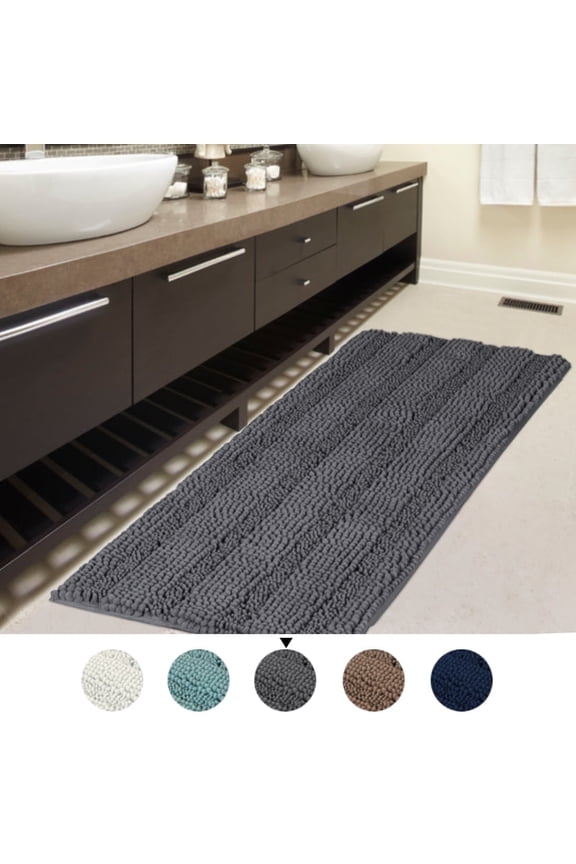 Large Luxury Grey Striped Microfiber Chenille Bath Rug, 47"x17" , Water Absorbent, Non-slip, Washable
