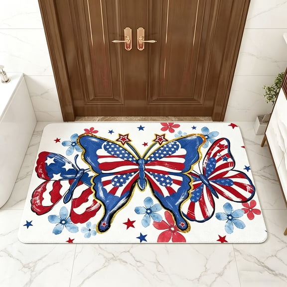 47x31 Inch XL Crystal Velvet Independence Day Rug, Red White Blue Non Slip Floor Mat, For Living Room Kitchen Bathroom Home Décor
