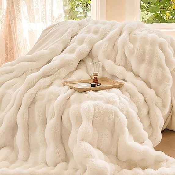 47x79 Inch Faux Rabbit Fur Throw Blanket - Fluffy Plush Bubble Blanket for Couch, Bed & Sofa, Super Soft Cozy Home Decor in Cream White