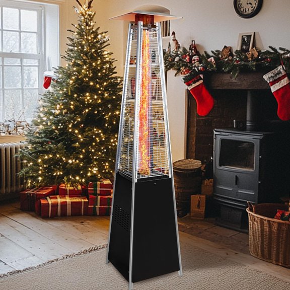 48,000 BTU Pyramid Patio Heater with Rollers, Standing Flame with Triple Safety Protection, Quartz Glass Tube Propane Outdoor Heater for Garden, Poolsid, Commercial, Residential, Black and Sliver