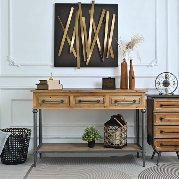 48.03" Accent Rustic American Industrial Style Storage Console Table For Living Room, Rectangle Solid Wooden Top Metal Leg Console Table With Open Shelf And 3 Drawers