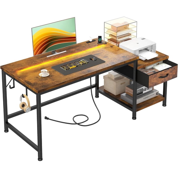 48.1 Inch Computer Desk,Reversible Office Desk with LED Lights & Power Outlets,Writing Desk with Wide Tabletop for Study,Writing,Small Desk with Drawers & Printer Shelf for Storage,Craft,Rustic Brown