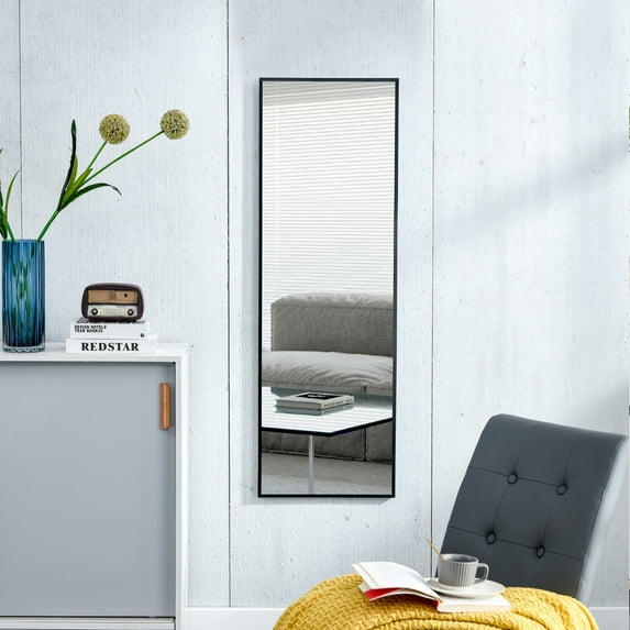 48"* 13.8" Modern Black Aluminum Alloy Metal Frame Wall Mirror, Makeup Mirror, Floor Standing Large Mirror, Decorative Mirror, Suitable for Bathroom, Clothing Store, Wall-Mounted and Standing