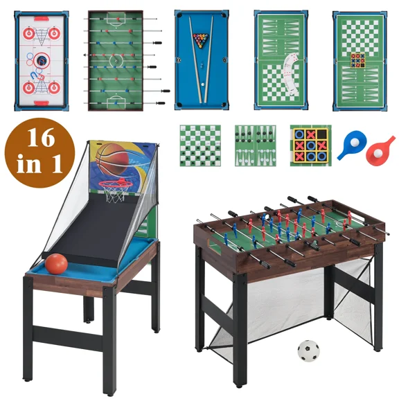 48'' 16 in 1 Multi Game Table Combo Game Table Set for Game Room, Multifunctional Game Table with Bow, Arrow, Basketball, Football, Hockey, Foosball, Shuffleboard, Ping Pong, Chess, Checkers, Bowling