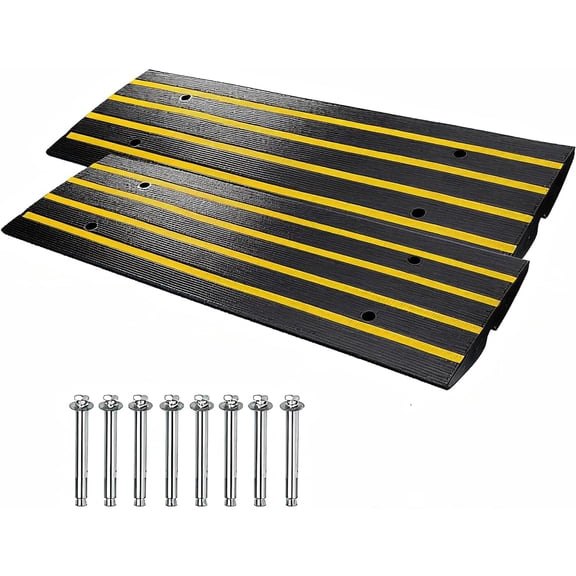 48''16''2.5'' Car Driveway Rubber Curb Ramp, 2 Packs Low Profile Threshold Ramp with Drainage Channel & Reflective Safety Strips, Gutter Bridge for Vehicle