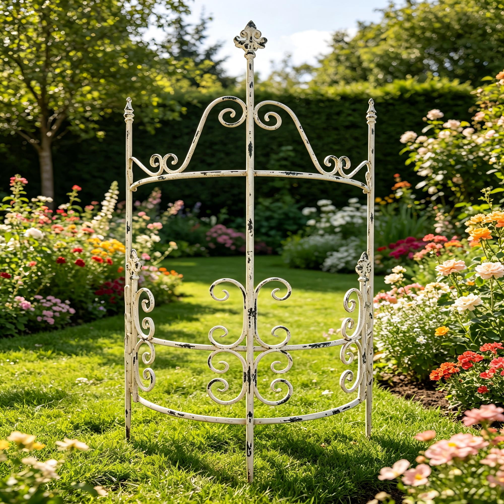 48.21"x27.16"Iron Garden Fence, Pretty Vintage White Rustic Style Decorative Fence Pannels, Outdoor Yard Landscape Pathway Border Panels Anti Animal Flowers Plants Barrier Climbing Trellis