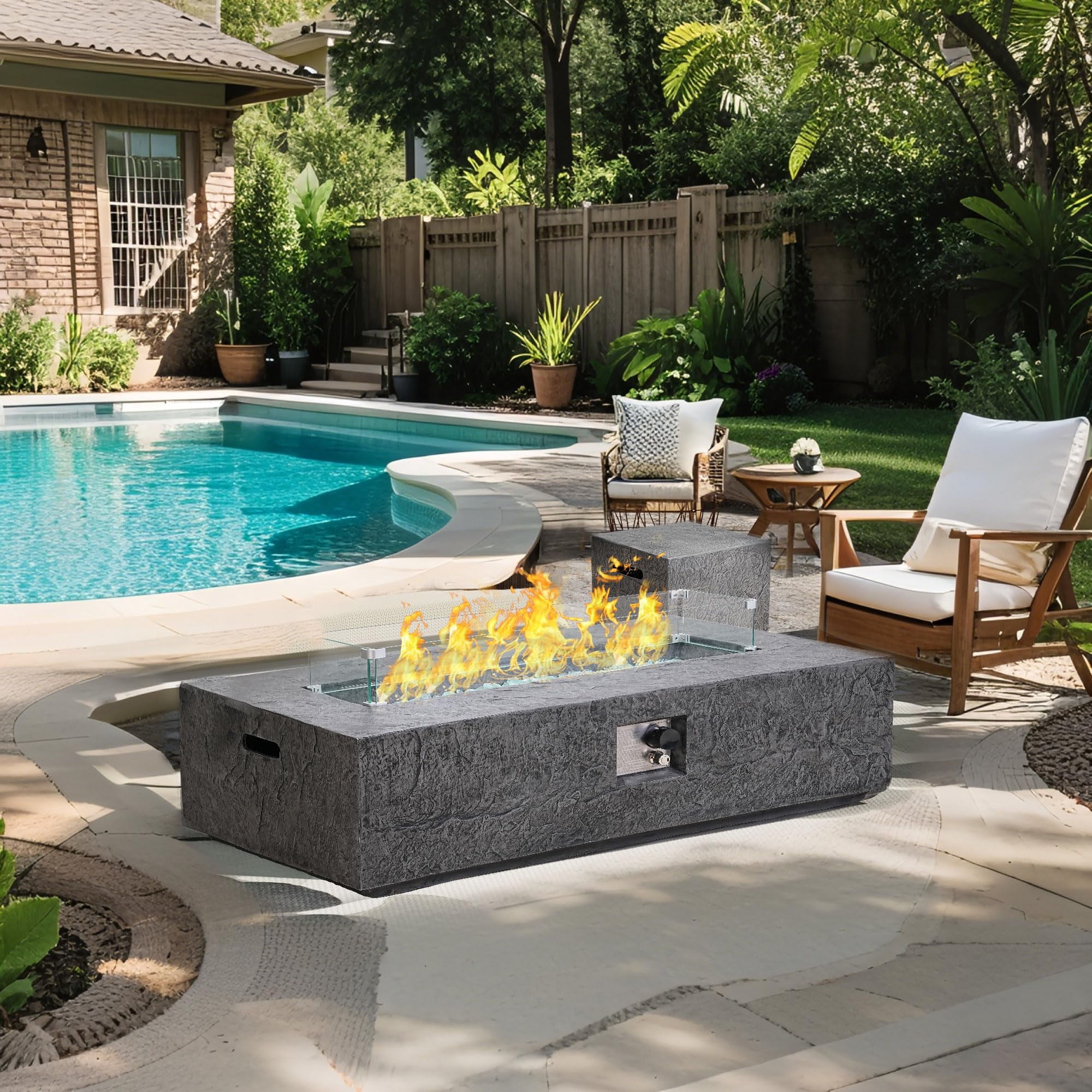 48" 3 Piece Fire Pit Set Rectangle Propane Fire Pit Table with Tank Table and Glass Wind Guard