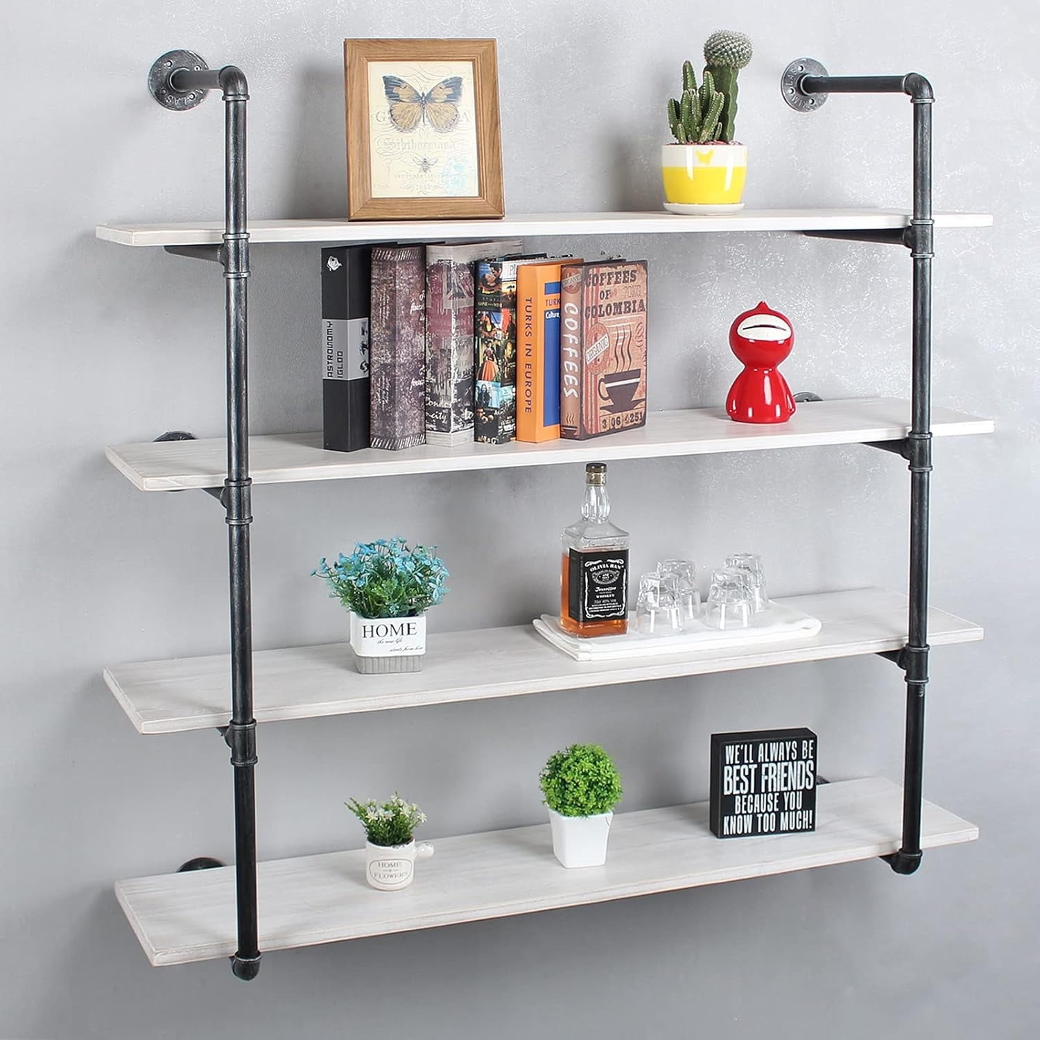 48" Industrial Pipe Bookshelf Wall Mounted 4 Tier Rustic Floating