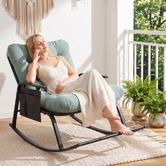 48×35.8×29.1in Vertical Striped Padded Rocking Chair with Independent Armrest & Side Storage Pocket, Leisure Patio Furniture, Sturdy Outdoor Patio Furniture Set for Balcony, Backyard, Garden(Green)