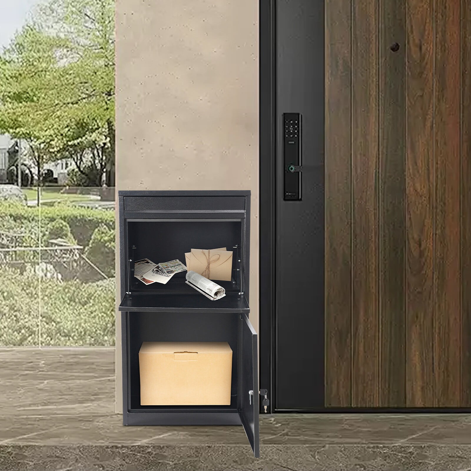 48*38*90cm Delivery Box Wall-Mount Parcel Drop Box Mail Box with Key Lock Black for Homes, Restaurants, Offices