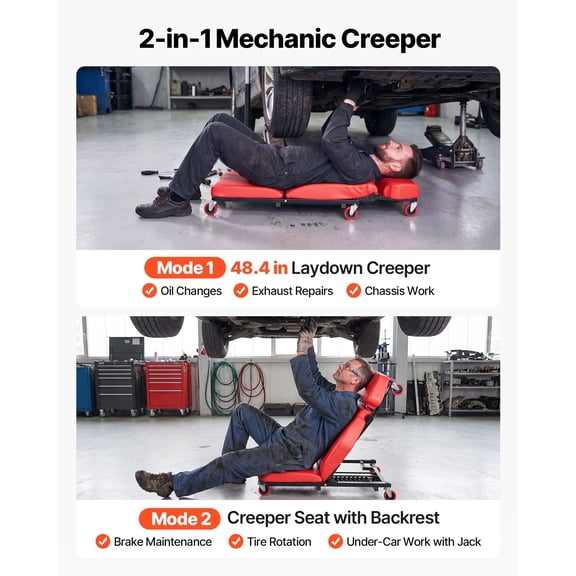 48.4 in 2-in-1 Mechanic Creeper, Adjustable Backrest Garage Creeper Seat, 570 lbs Under Car Rolling Chair with 6 Swivel Casters, Padded Headrest for Auto Repair