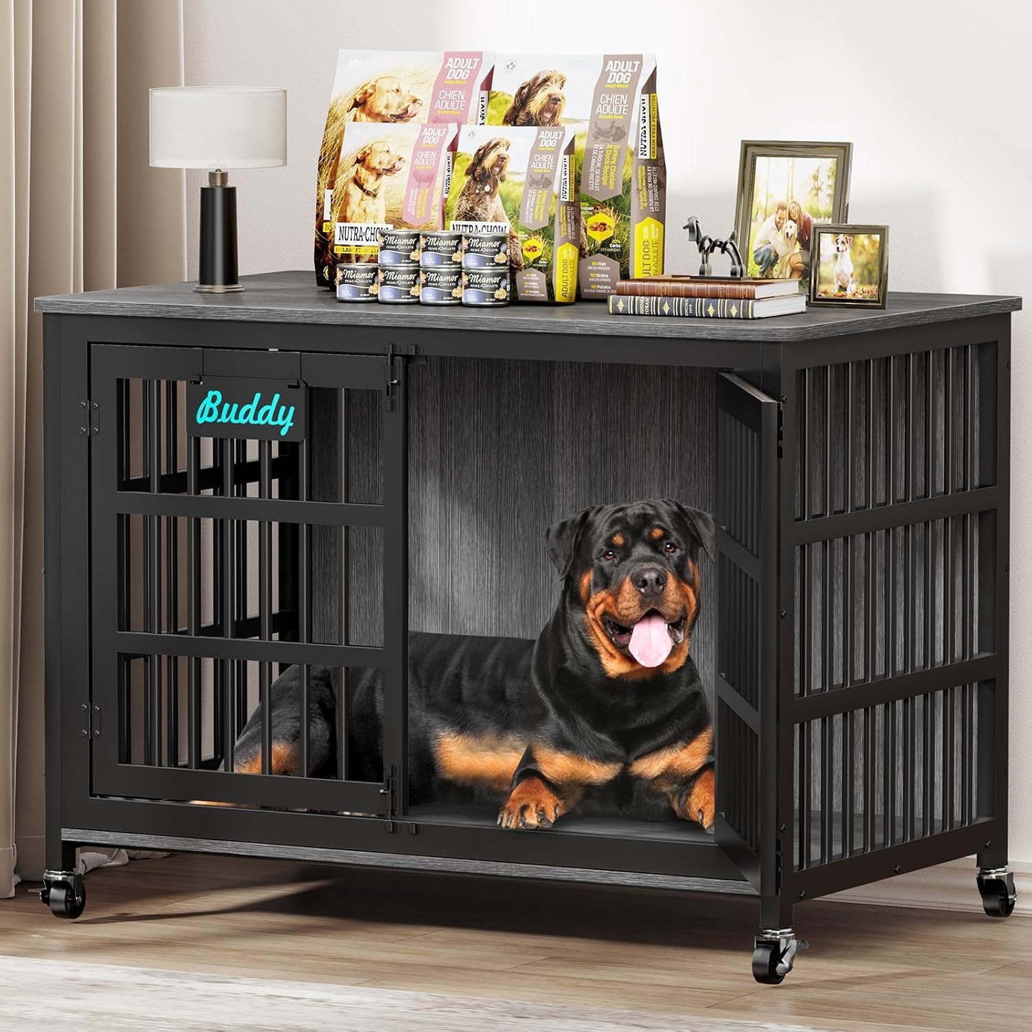 POAO 48"Dog Crate Furniture with Name Tag, Heavy Duty Dog Kennel Indoor for Large Dog, Escape-Proof &Chew-Proof Dog Cage for High Anxiety Dog