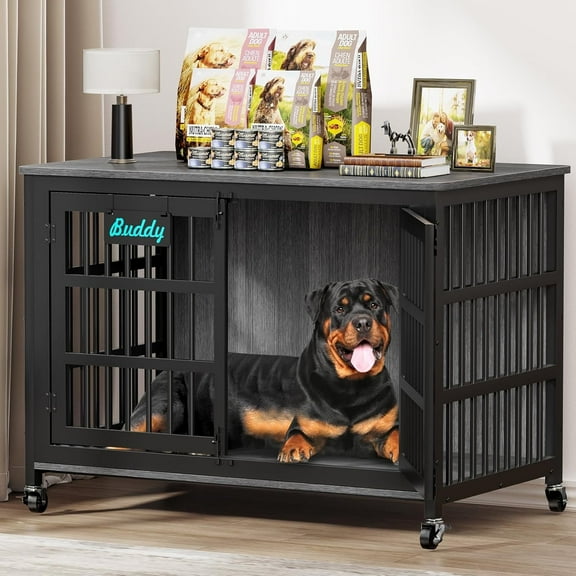 POAO 48"Dog Crate Furniture with Name Tag, Heavy Duty Dog Kennel Indoor for Large Dog, Escape-Proof &Chew-Proof Dog Cage for High Anxiety Dog
