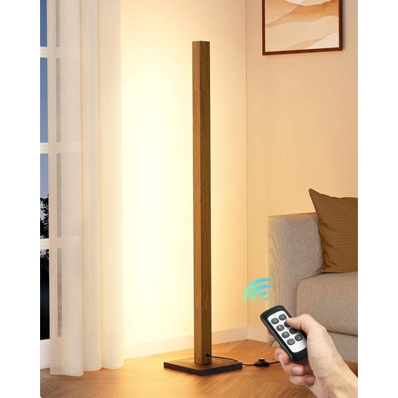 48.43" Wooden LED Corner Floor Lamp with Remote, Dimmable 19, Wood Grain