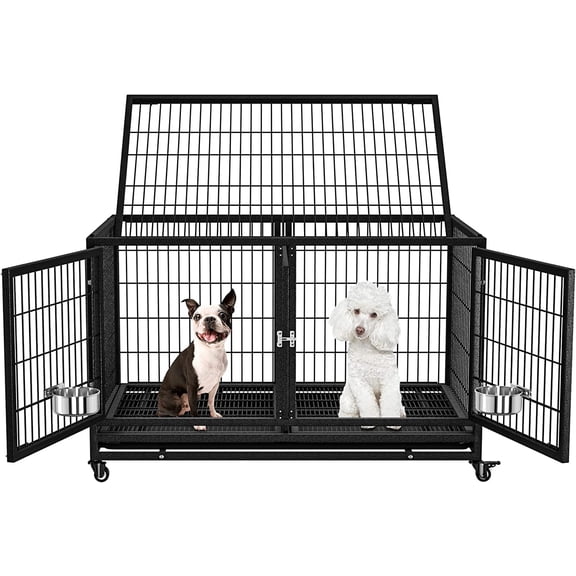 48/43 inch Heavy Duty Dog Crate for Large Dogs, Stackable Dog Kennels and Metal Wire Cages with Feeding Bowls, Leak-Proof Pans, Removable Wire Trays and Divider, Extra Large XL XXL