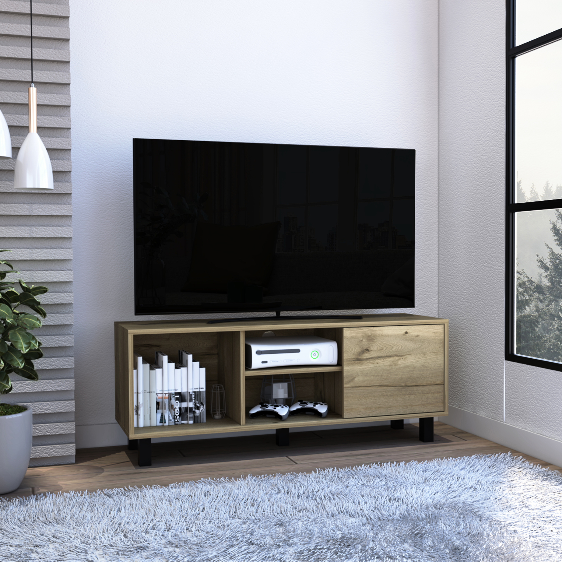 48.48 Lb Oak Tv Rack With Open And Concealed Storage 44.94 Inches High ...
