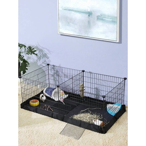 48.4x24.8x18.1 Inch Black Metal Grid Small Animal Playpen Cage, Waterproof Washable Liner with 2 Separate Zones for Guinea Pigs Rabbits Ferrets Hedgehogs