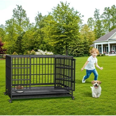 37'' Foldable Heavy Duty Metal Dog Crate with ,360° Lockable Wheels and Removable Tray for Small Medium Large Dogs,Easy to Clean and Assembly