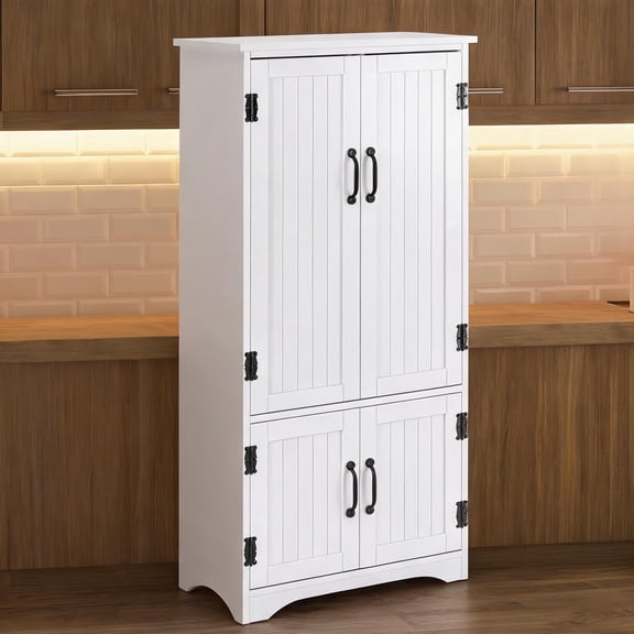 48.5-Inch Farmhouse Pantry Cabinet, Clean White MDF, Adjustable Shelves, Beadboard Doors  Kitchen Storage Organizer