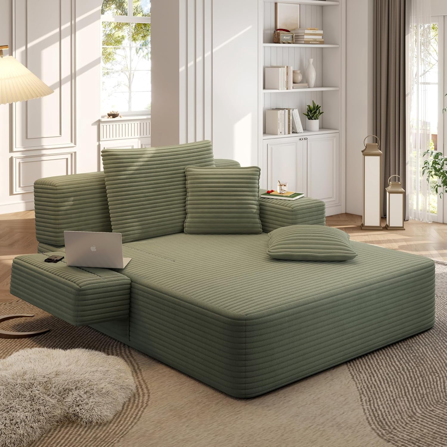 48.5'' Oversized Chaise Lounge Indoor, Convertible Boneless Couch Bed, Plush Corduroy Daybed with 3 Pillows, Side Pocket, Upholstered Small Full Size Sofa Bed for Living Room, Balcony, Green