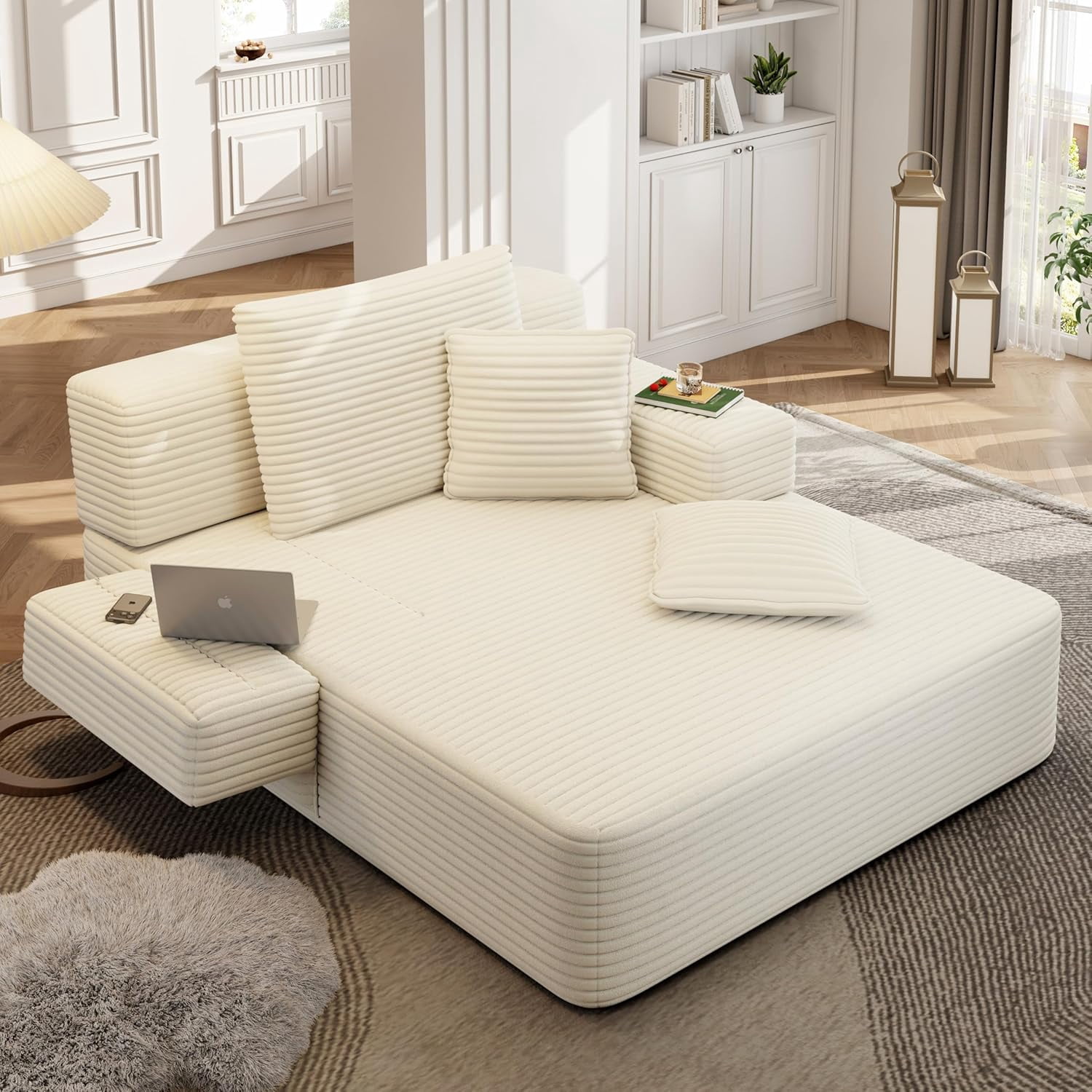 48.5'' Oversized Chaise Lounge Indoor, Convertible Boneless Couch Bed, Plush Corduroy Daybed with 3 Pillows, Side Pocket, Upholstered Small Full Size Sofa Bed for Living Room, Balcony, Beige