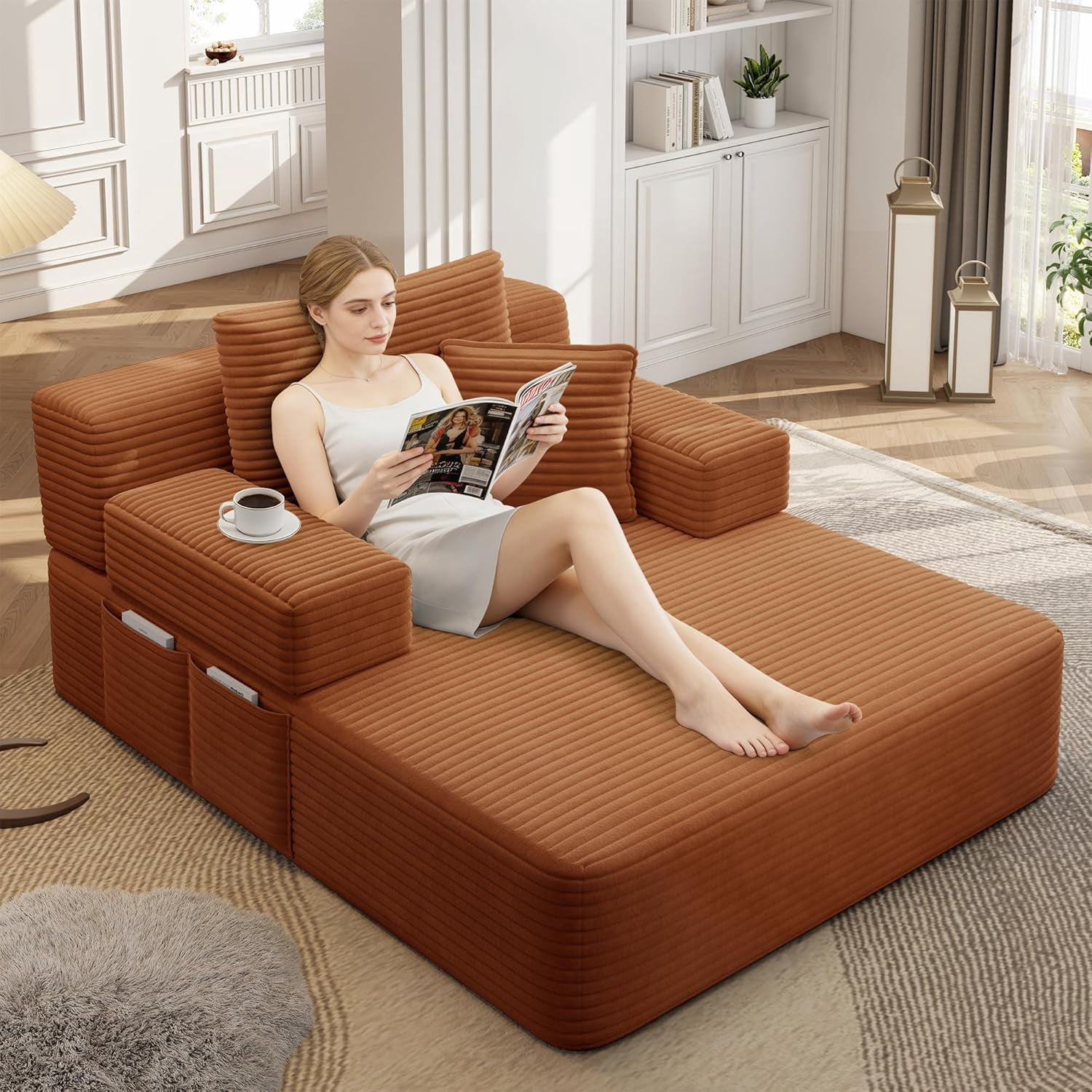 48.5'' Oversized Chaise Lounge Indoor, Convertible Boneless Couch, Plush Corduroy Floor Chair with 3 Pillows, Side Pocket, Upholstered Single Sofa Bed for Living Room, Balcony, Orange