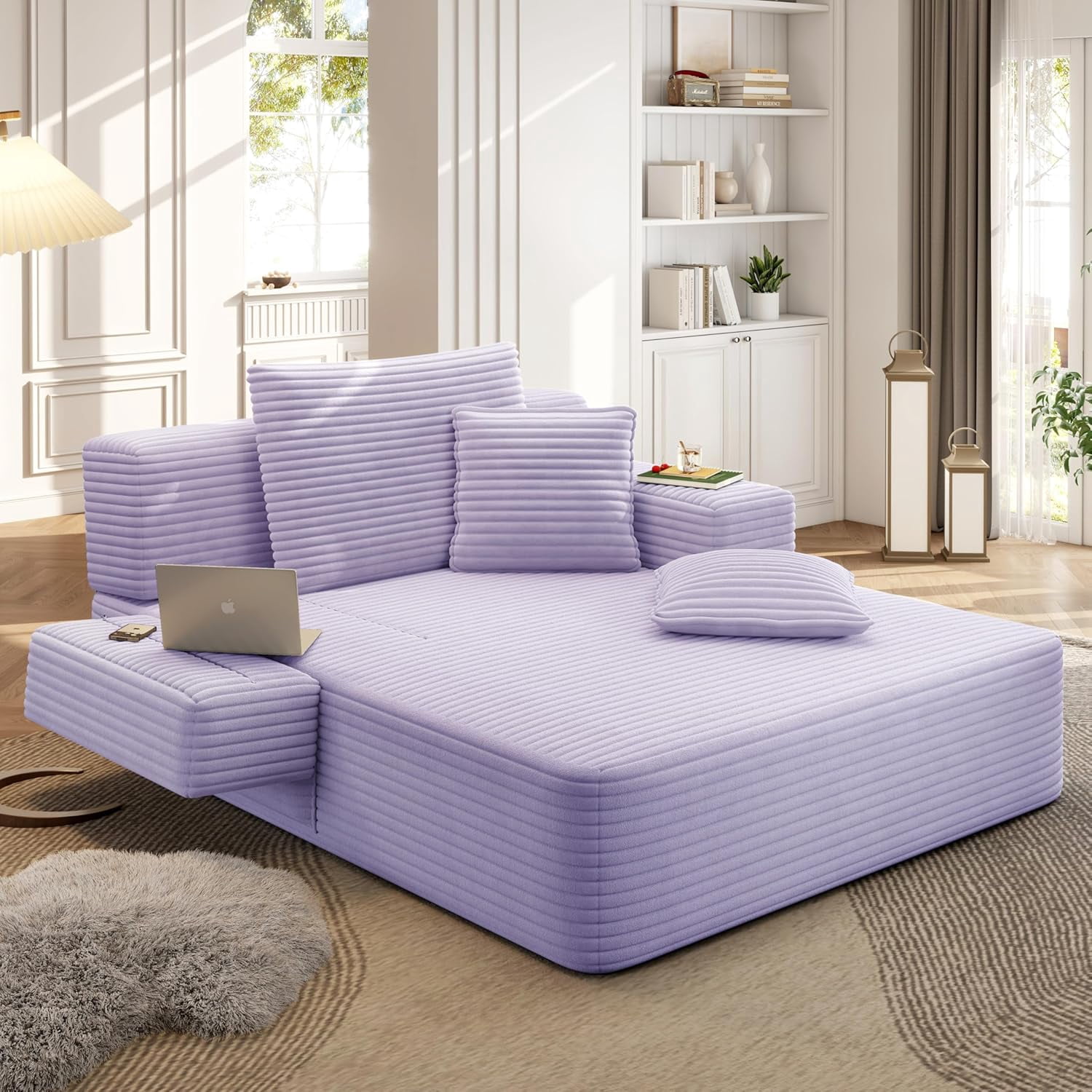 48.5'' Oversized Chaise Lounge Indoor, Convertible Boneless Couch, Plush Corduroy Floor Chair with 3 Pillows, Side Pocket, Upholstered Single Sofa Bed for Living Room, Balcony, Purple