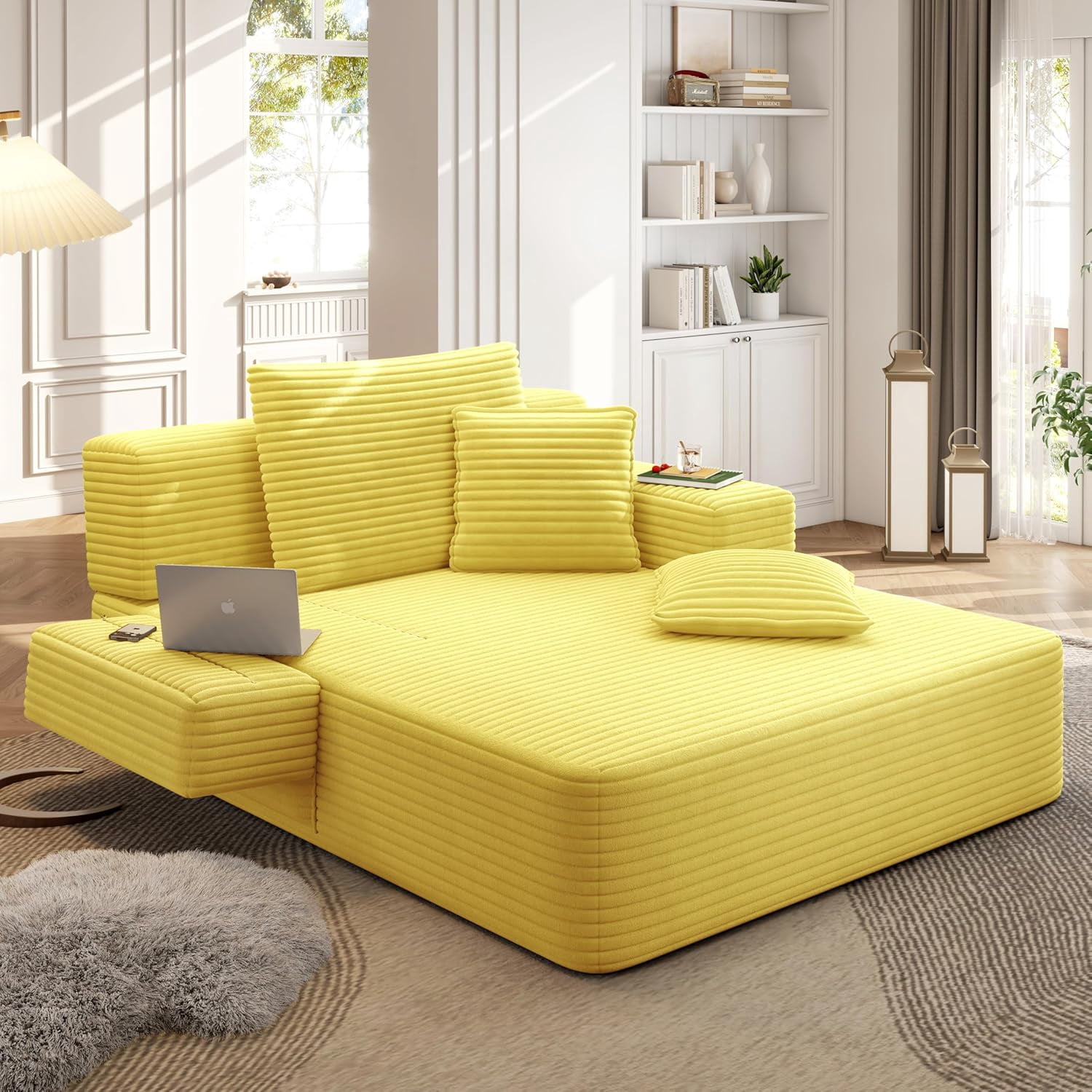 48.5'' Oversized Chaise Lounge Indoor, Convertible Boneless Couch, Plush Corduroy Floor Chair with 3 Pillows, Side Pocket, Upholstered Single Sofa Bed for Living Room, Balcony, Yellow