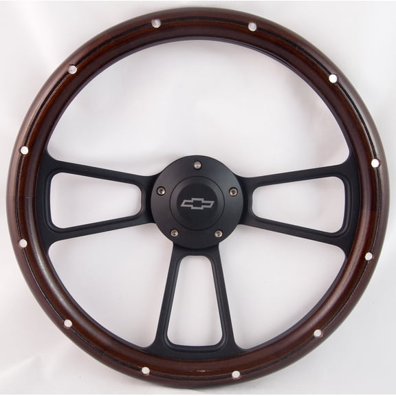 48-59 Chevrolet/GMC Pick Ups 14" Stained Mahogany with Rivets Aluminum Wood Billet Black Steering Wheel Set Adapter & Horn