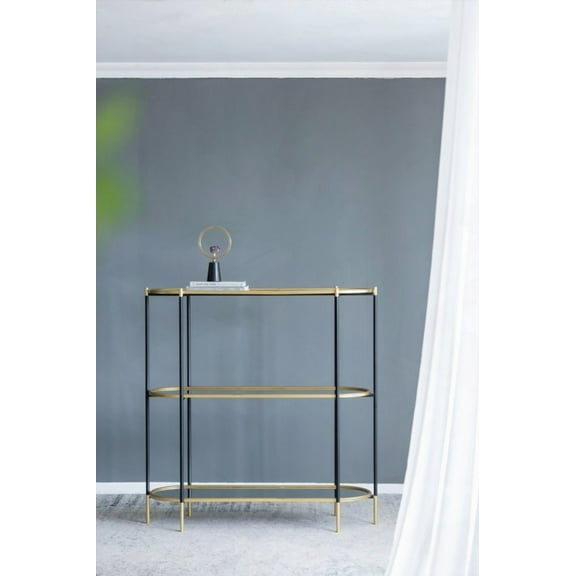 48.5x16.5x50" 3-Tier Metal Console Table with Black Gold Mirrored Shelf