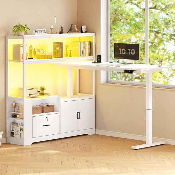 SEDETA 29.5"~48.6"H L Shaped Standing Desk with Storage, Electric Adjustable Height Home Office Desk, Large PC Workstation with Power Outlet, Corner Computer Desk with 23.1"D Spacious Desktop, White